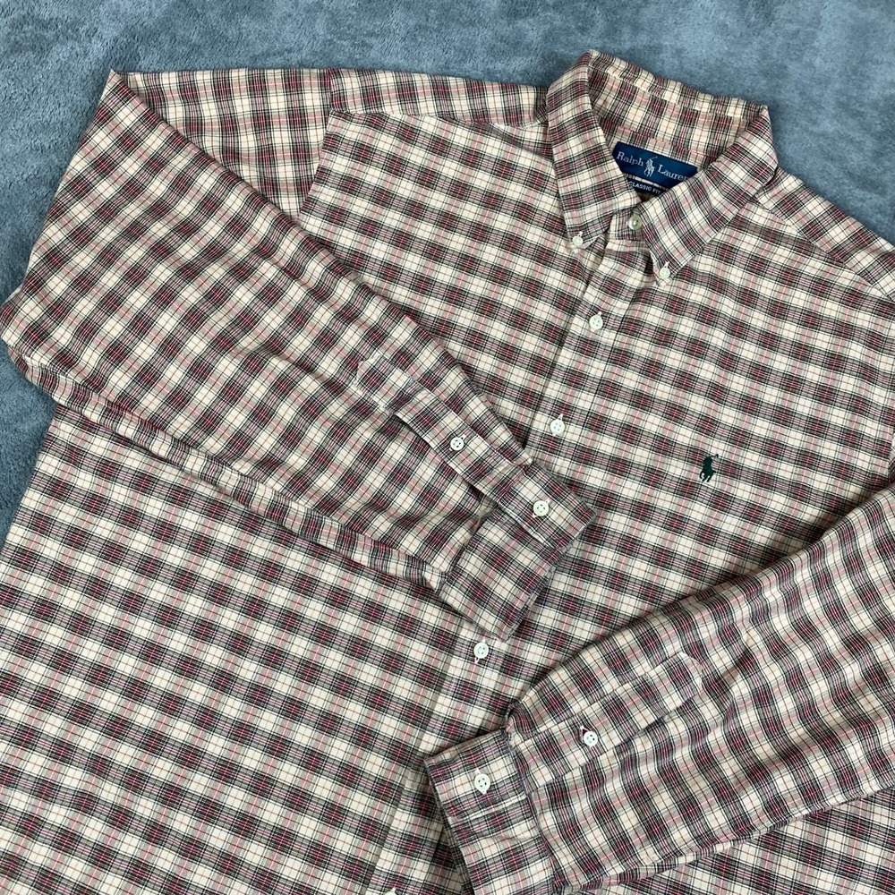 Ralph Lauren Men Button Down Shirt‎ XXL Cream Red Plaid Classic Fit Long Sleeve